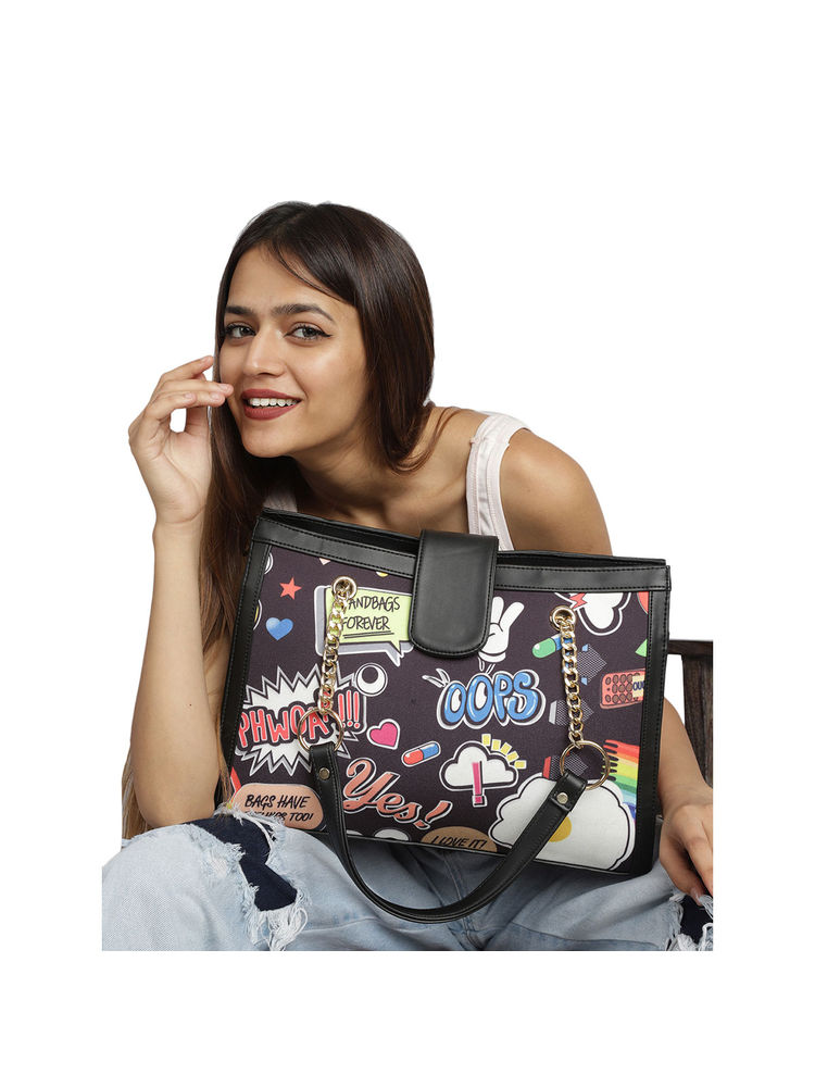 MINI WESST Black Casual Printed Tote Bag