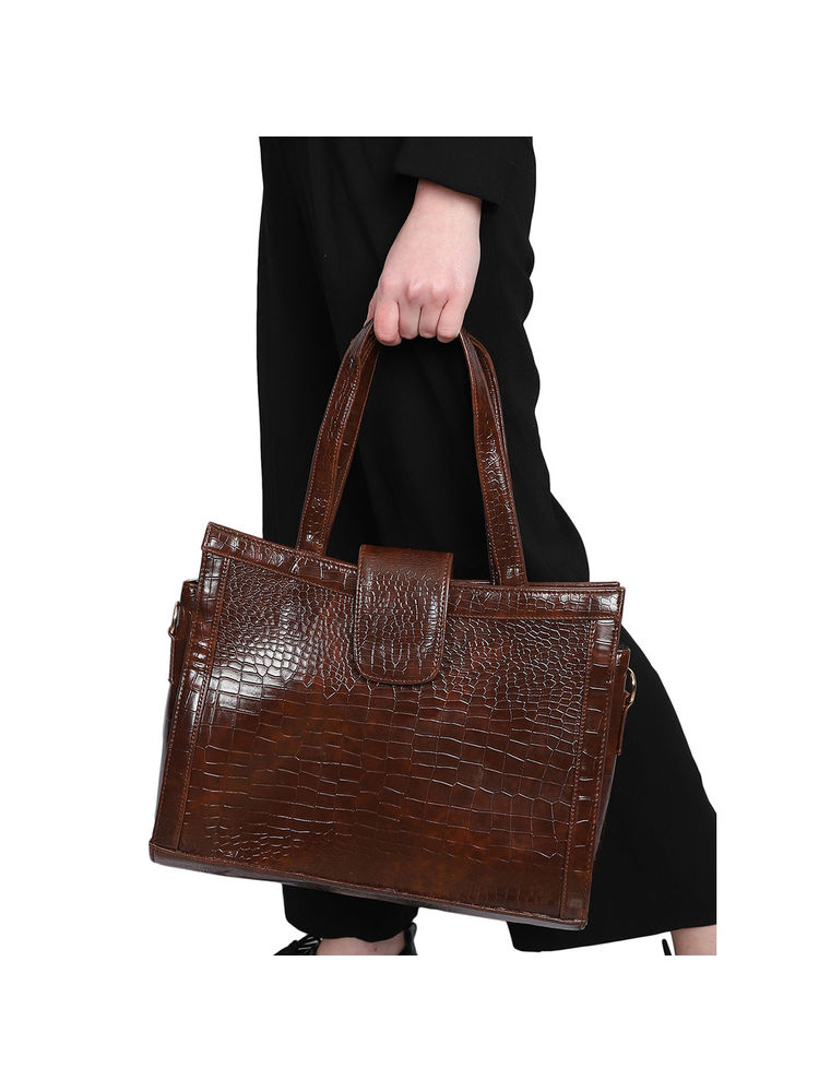MINI WESST Brown Casual Synthetic Leather Textured Tote Bag-picture-17