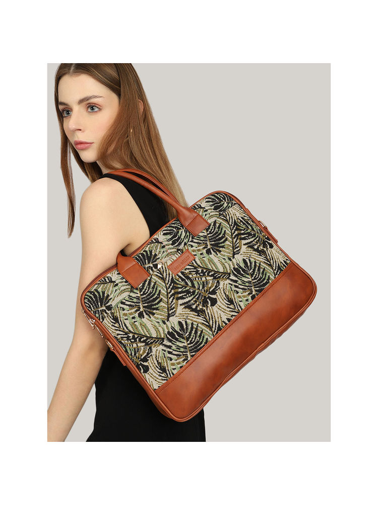 MINI WESST Green Printed Fabric Detachable Strap Laptop Bag-image-42
