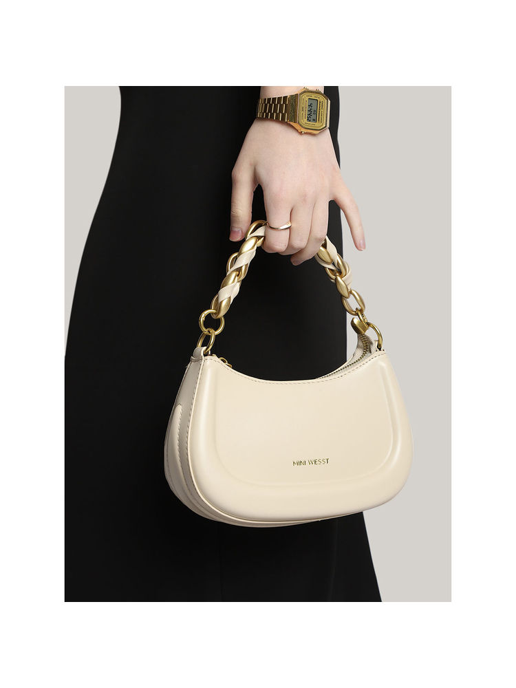 MINI WESST Beige Solid Handheld Bag and Detachable Strap (Set of 2)-picture-21