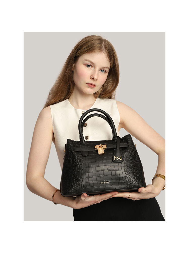 MINI WESST Black Textured Handheld Bag and Detachable Strap (Set of 2)-picture-28
