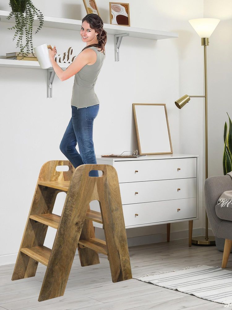 Metalsmith Mango Wood Foldable 3 Step Wide Anti Slip Natural Wooden Ladder-image-47