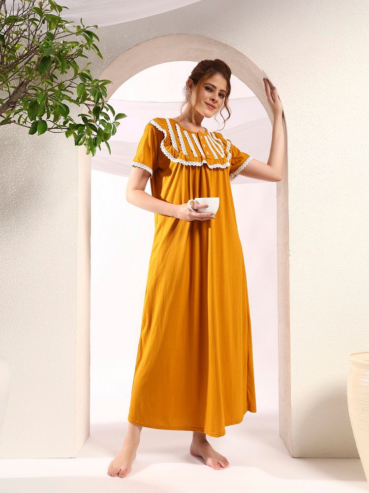 SEPHANI Women Hosiery Cotton Yellow Nighty-image-2