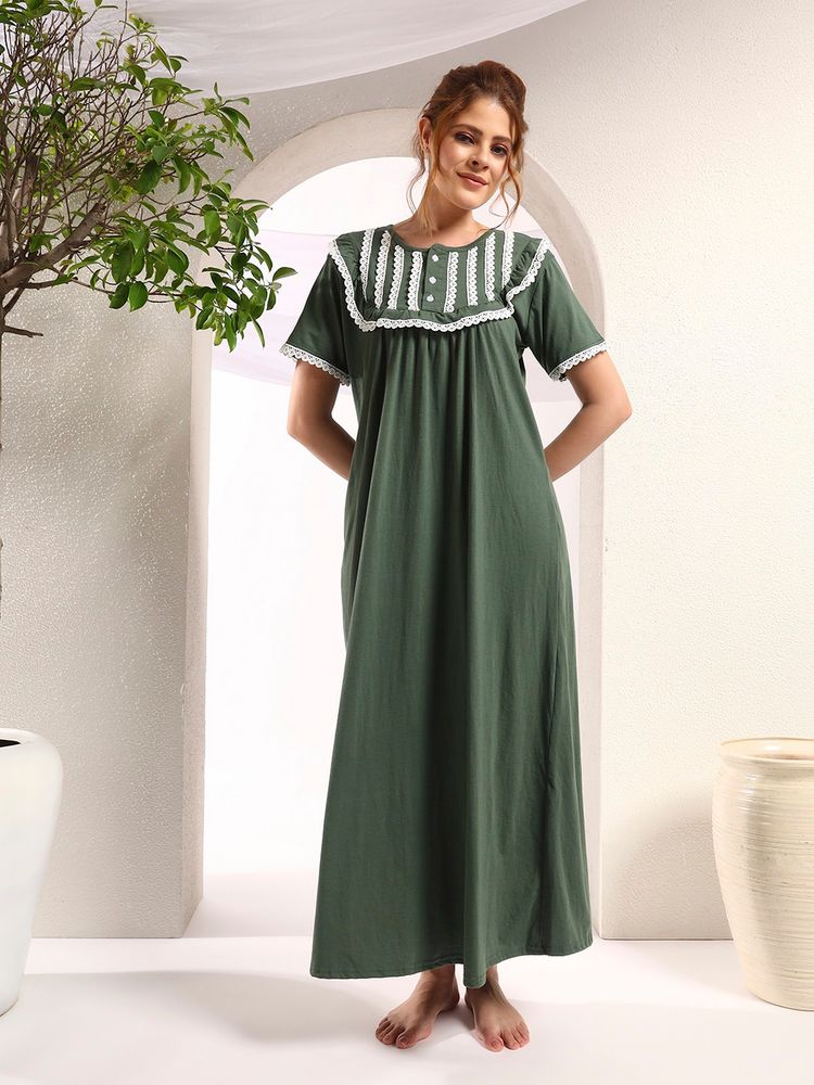 SEPHANI Women Hosiery Cotton Green Nighty-image-2