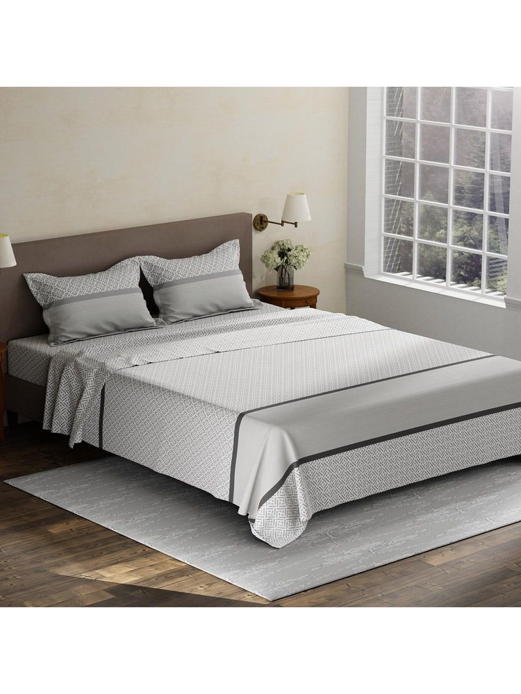 Layers Pristine Cotton 180 TC Grey Geometric King Bedsheet with 2 Pillow Covers-image-17