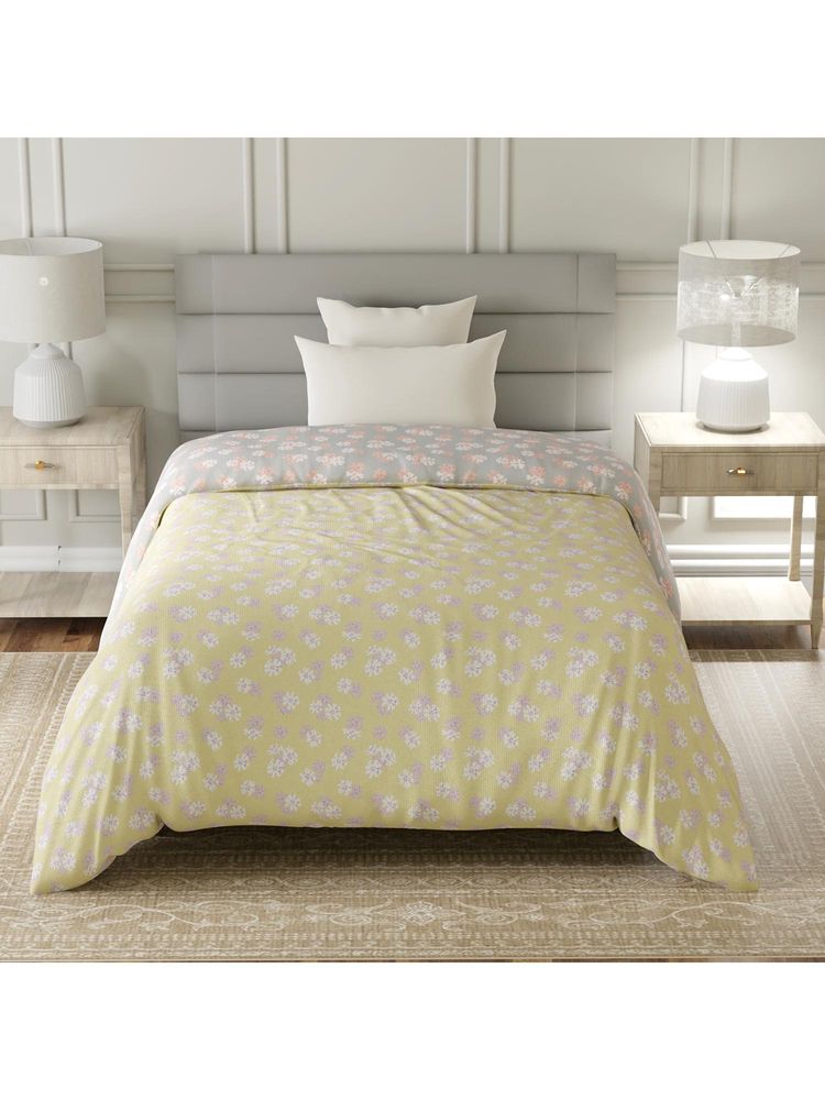 Layers Lumina Floret Cotton 144 TC Yellow Floral Single Reversible Comforter-image-1