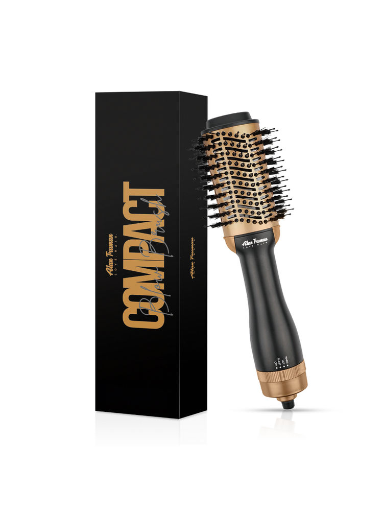 Alan Truman Blow Dryer Brush for Everyday Blowouts - Compact Black Gold Ceramic