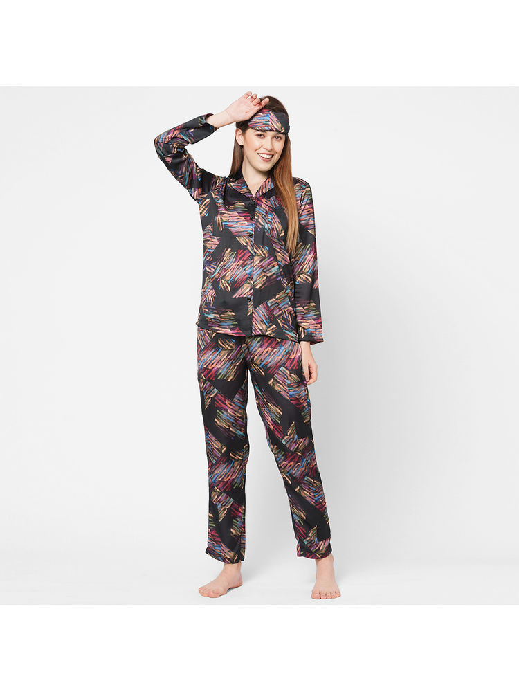 Drape In Vogue Women Multicolour Print Satin Night Suit - Black-picture-26