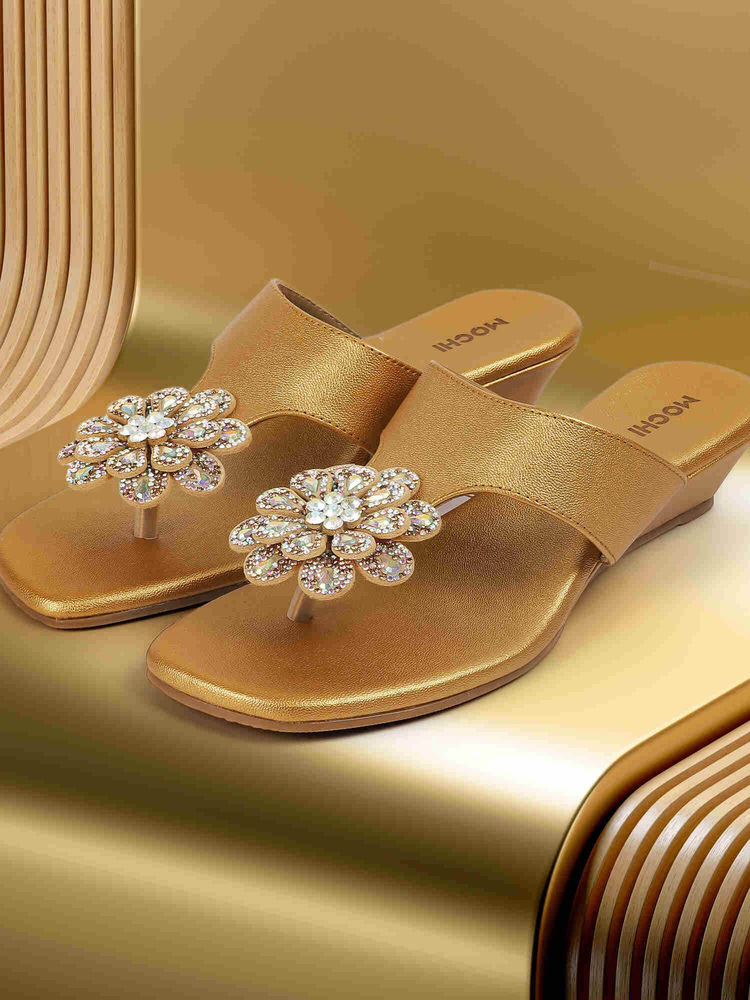 Mochi Women Gold Open Casual Wedges Heels-image-29