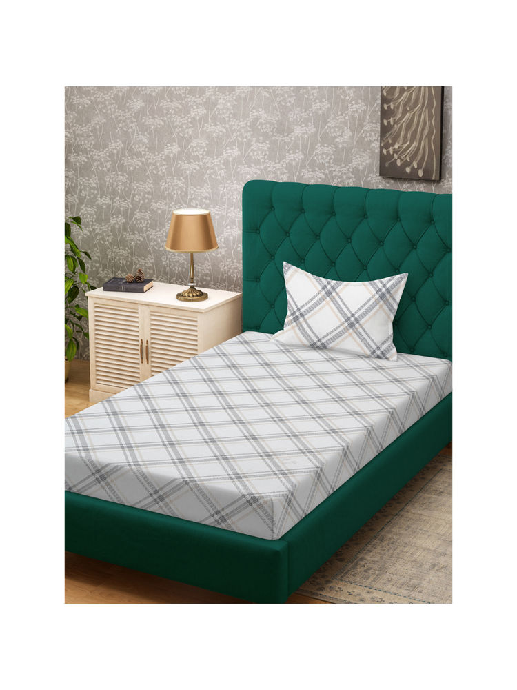 HOSTA HOMES White Fitted 280 TC Cotton Feel Printed Bedsheet & Pillow Cover (Single)-picture-17