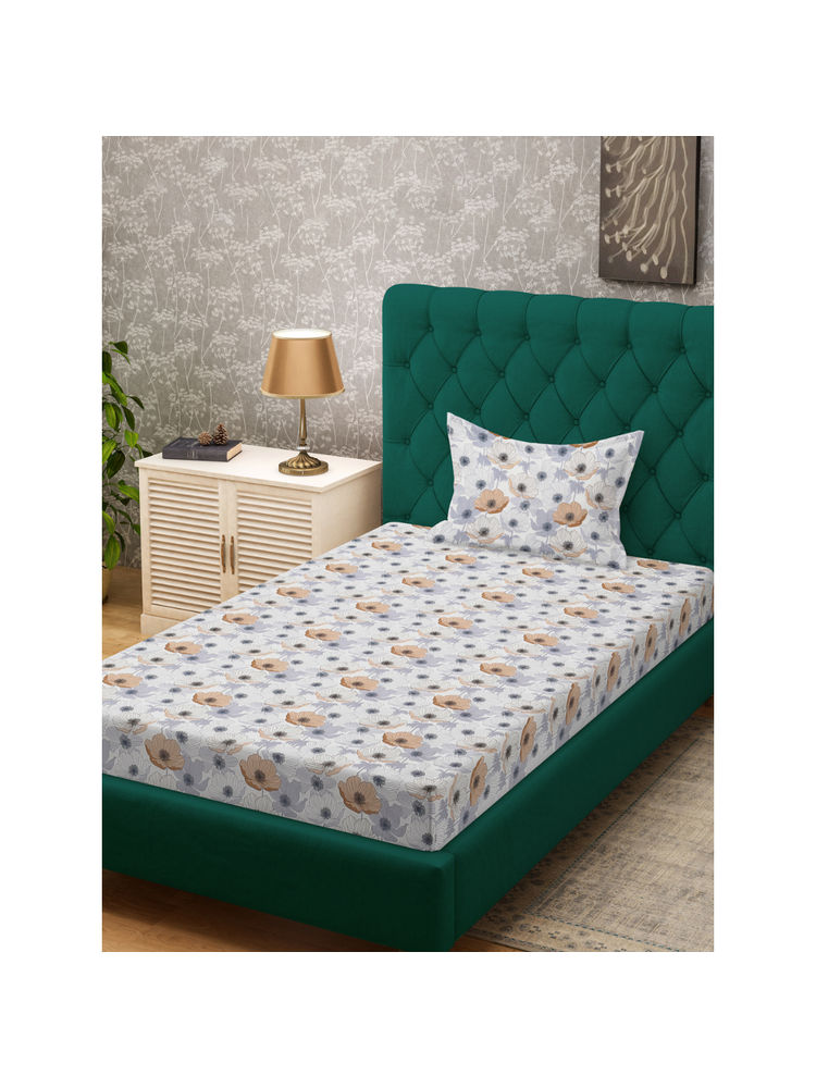 HOSTA HOMES White Fitted 280 TC Cotton Feel Printed Bedsheet & Pillow Cover (Single)-picture-36