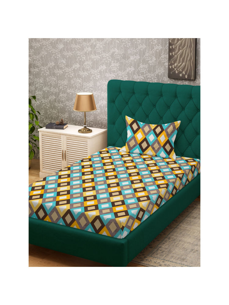 HOSTA HOMES Multi-Color Fitted 280 TC Cotton Feel Printed Bedsheet & Pillow Cover (Single)-picture-9
