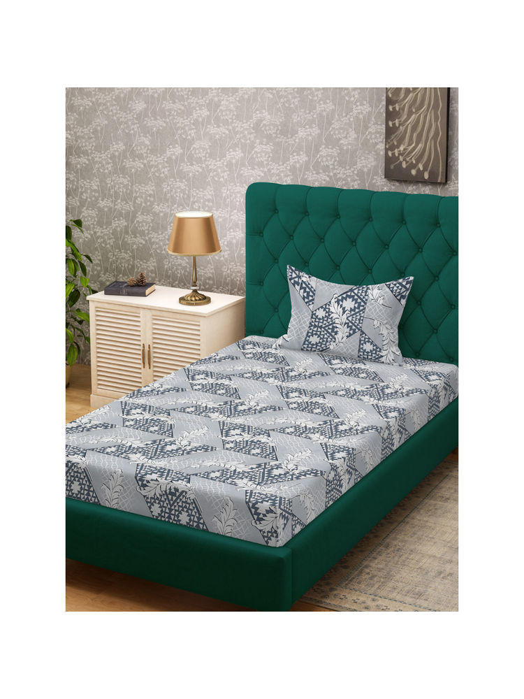 HOSTA HOMES Grey Fitted 280 TC Cotton Feel Printed Bedsheet & Pillow Cover (Single)-picture-36