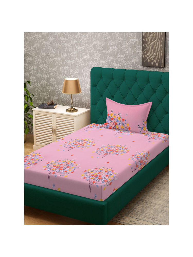 HOSTA HOMES Pink 280 TC Cotton Feel Printed Bedsheet & Pillow Cover (Single)-image-5