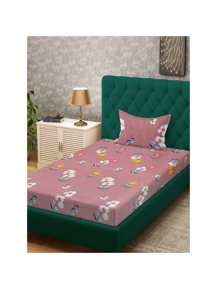 HOSTA HOMES Pink Fitted 280 TC Cotton Feel Printed Bedsheet & Pillow Cover (Single)-picture-25