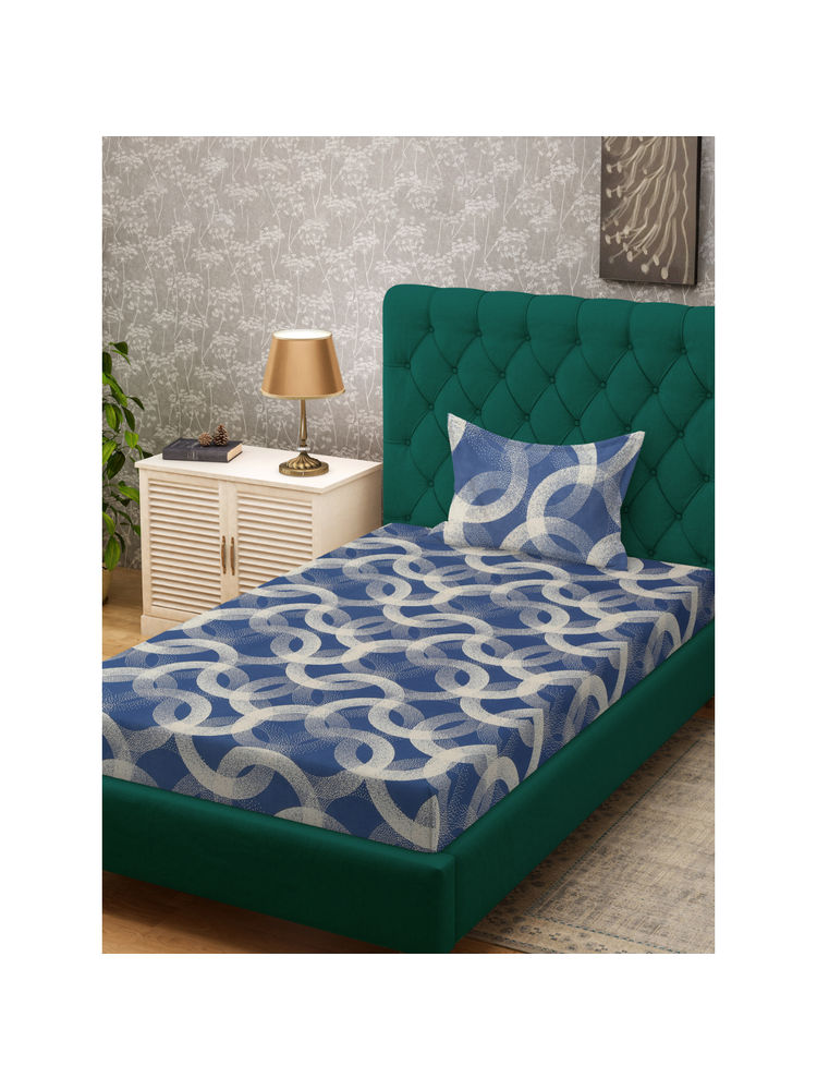 HOSTA HOMES Navy Blue Fitted 280 TC Cotton Feel Printed Bedsheet & Pillow Cover (Single)-image-4