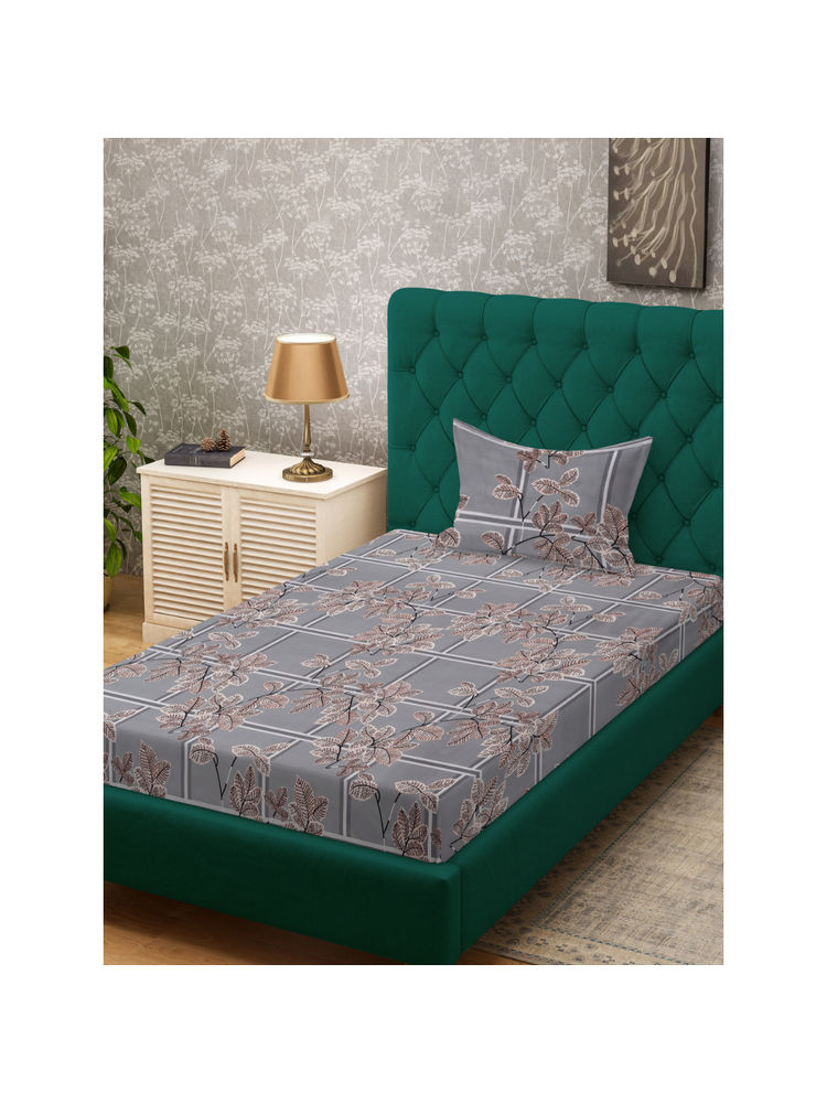 HOSTA HOMES Grey Fitted 280 TC Cotton Feel Printed Bedsheet & Pillow Cover (Single)-picture-13