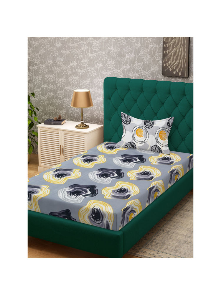 HOSTA HOMES Grey Fitted 280 TC Cotton Feel Printed Bedsheet & Pillow Cover (Single)-picture-37