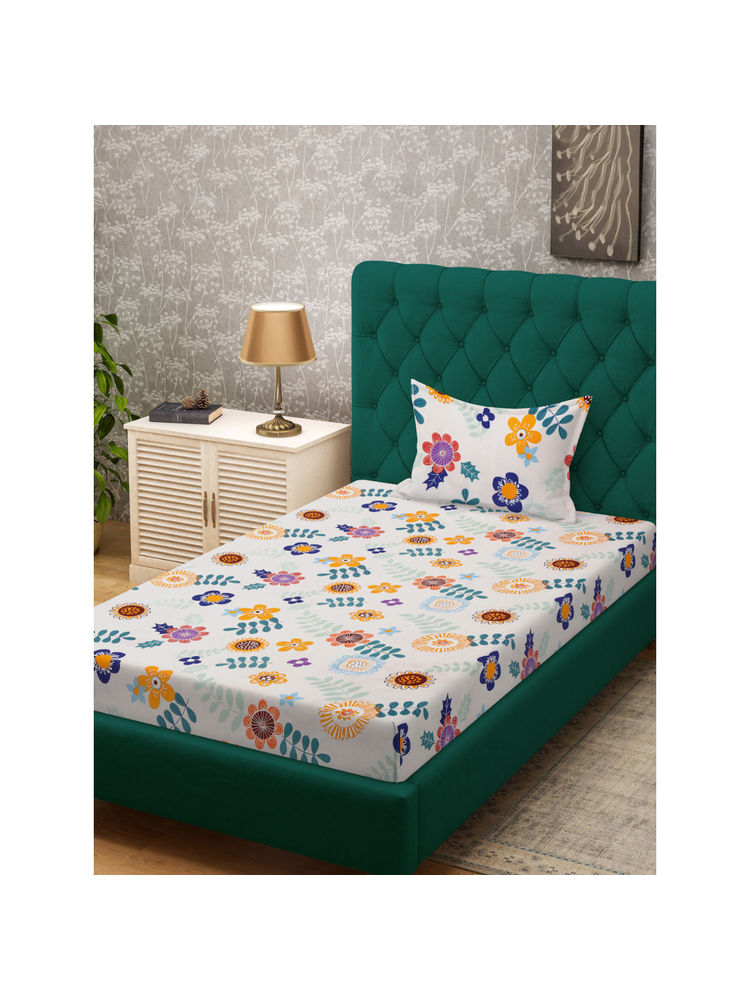 HOSTA HOMES White Fitted 280 TC Cotton Feel Printed Bedsheet & Pillow Cover (Single)-image-34