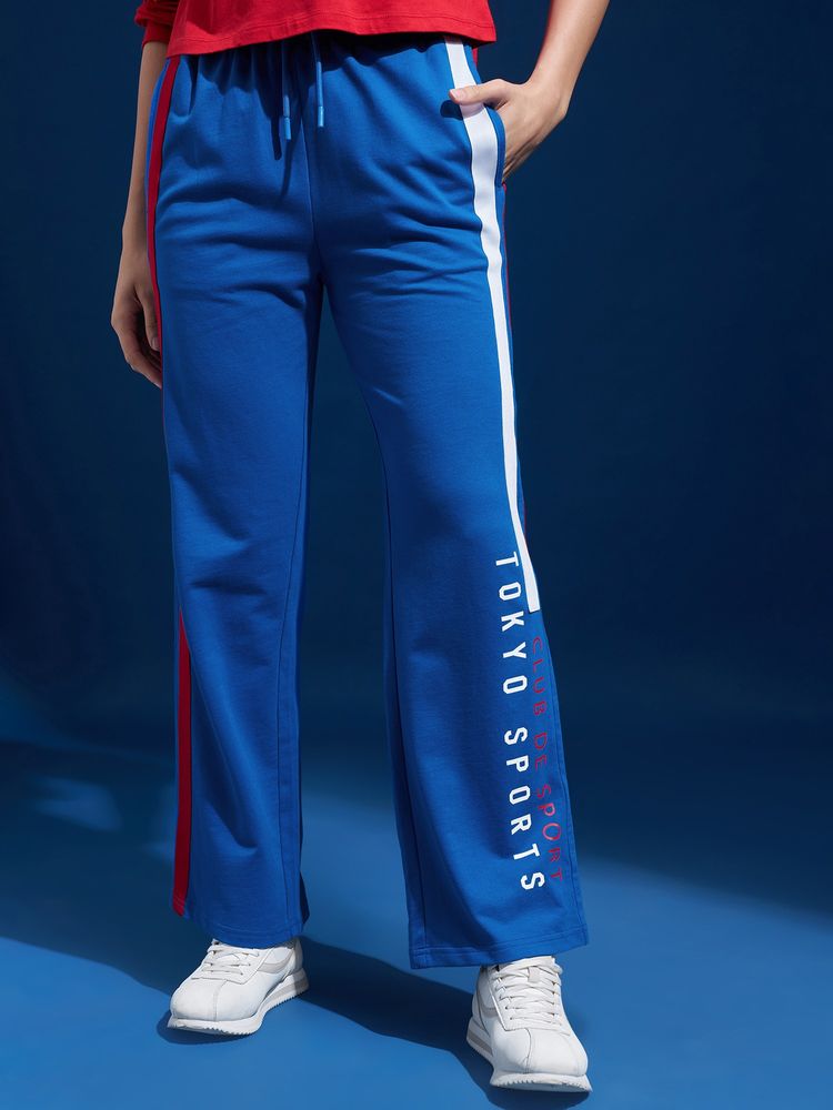 TOKYO TALKIES Women Blue Contrast Tape Typographic Printed Track pant-image-1