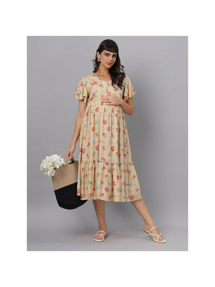 Mamma's Maternity Beige Floral Rayon Feeding Dress-image-27