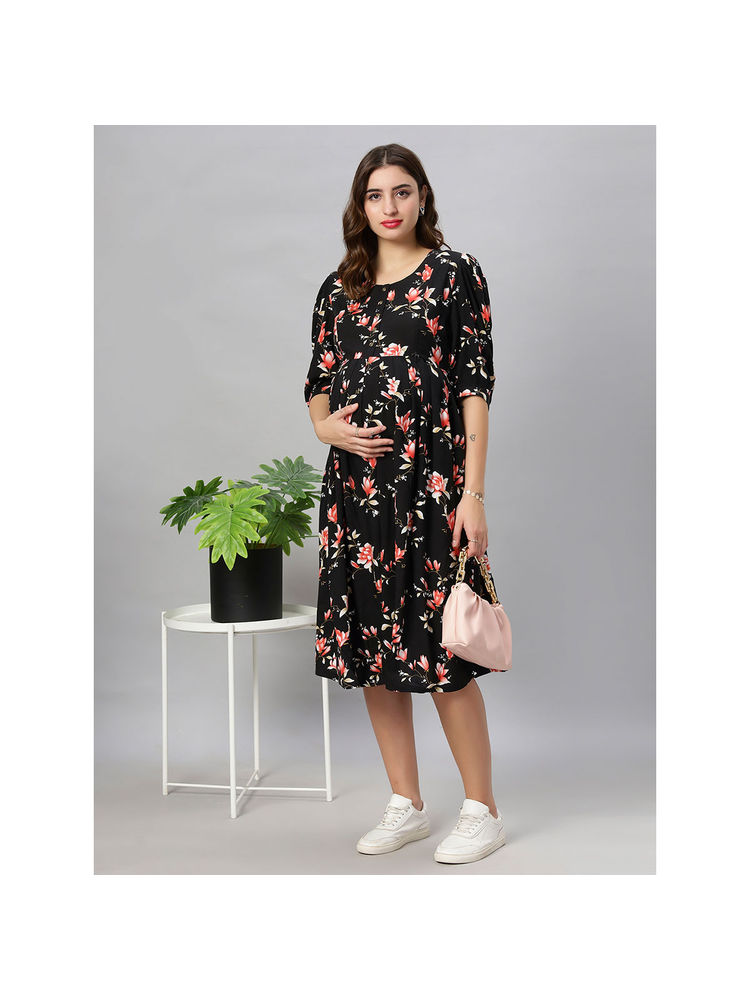 Mamma's Maternity Black Floral Rayon Feeding Dress-picture-13