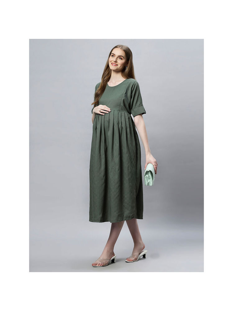 Mamma's Maternity Green Stripes Printed Cotton Feeding Dress-picture-26