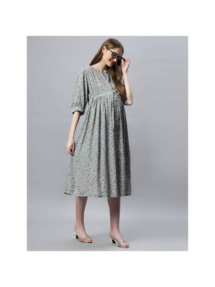 Mamma's Maternity Grey Floral Rayon Feeding Dress-picture-20