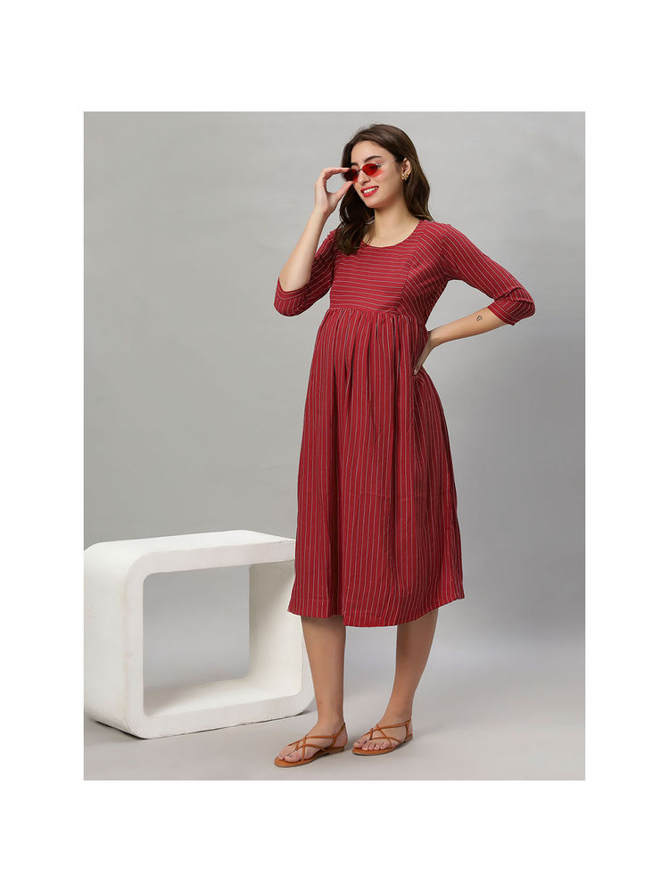 Mamma's Maternity Maroon Stripes Printed Cotton Feeding Dress-picture-16