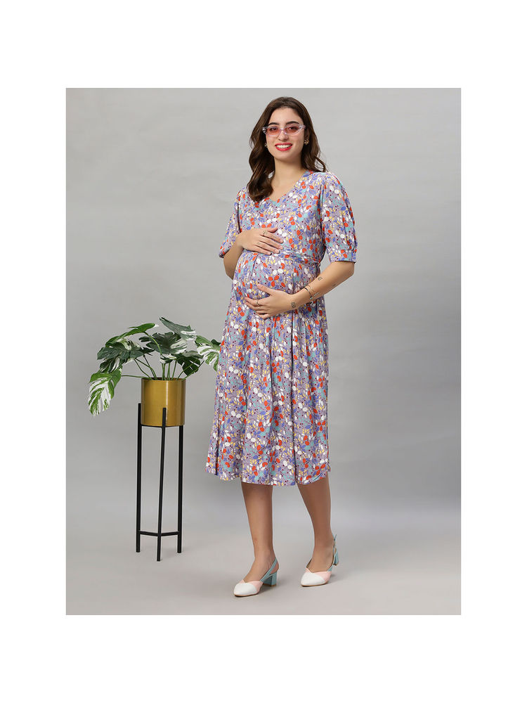 Mamma's Maternity Purple Botanical Printed Rayon Feeding Dress-picture-18