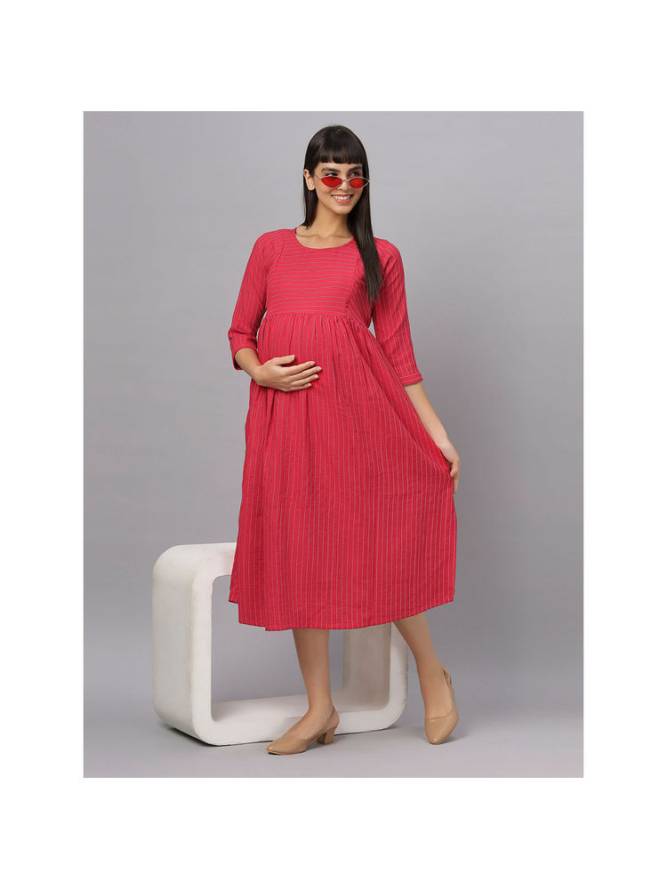 Mamma's Maternity Red Stripes Printed Cotton Feeding Dress-picture-10
