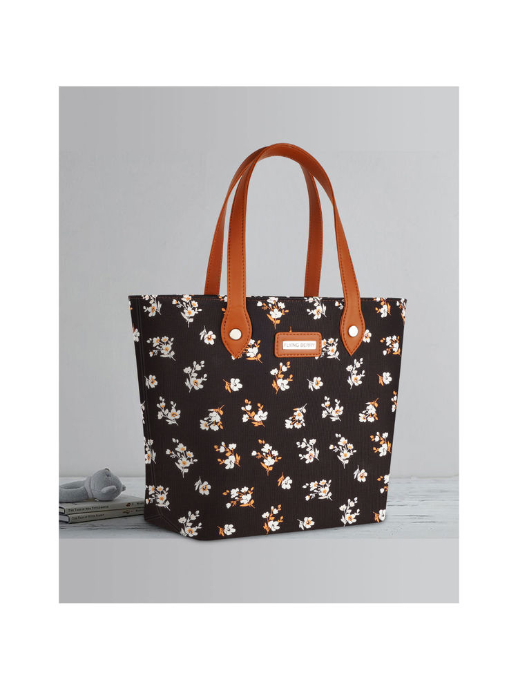 FLYING BERRY Black Ethnic Floral Print Handcrafted Vegan Leather Tote Bag-image-0