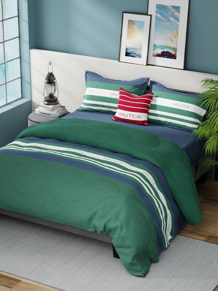Nautica Green Geometric Cotton Double Comforter with Bedsheet and Pillow Covers-image-2