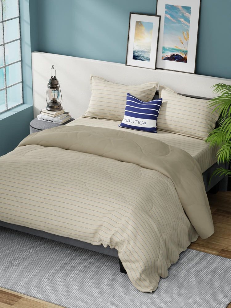 Nautica Beige Geometric Cotton Double Comforter with Bedsheet and Pillow Covers-image-1