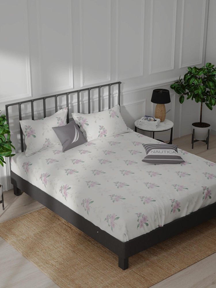 Nautica White Floral Cotton Double Bedsheet with Pillow Covers-image-47