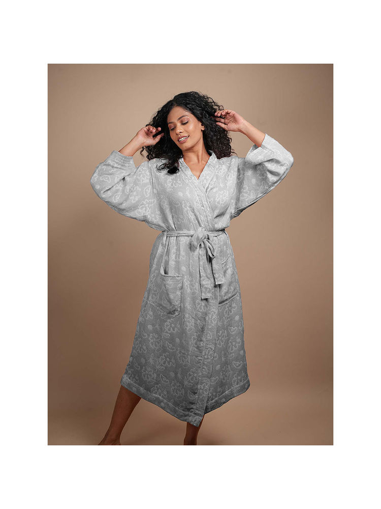 Doctor Towels Banana Jacquard Bath Robe Floral Charcole-picture-28