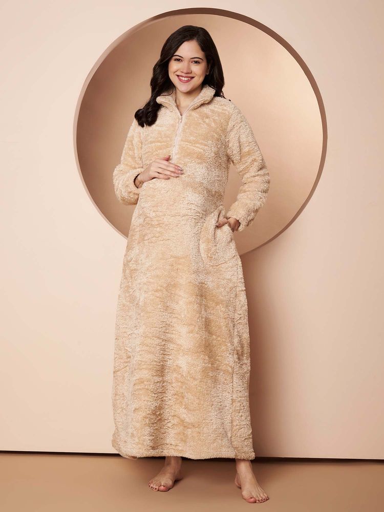 Secret Wish Women Beige Solid Fur Maternity Winter Nighty-image-8
