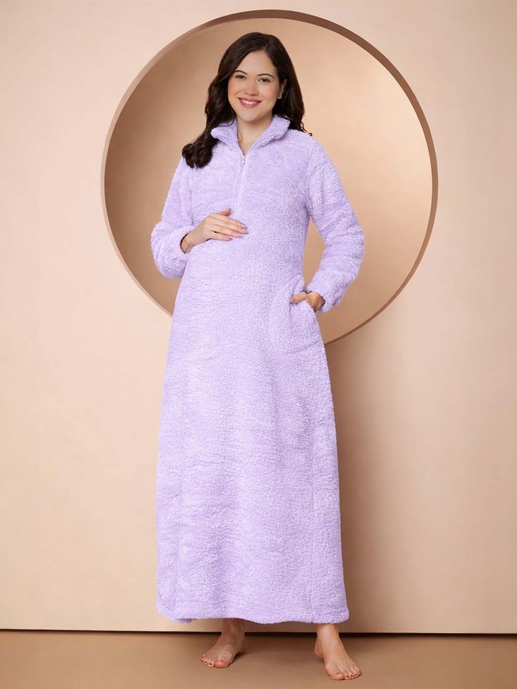 Secret Wish Women Lavender Solid Fur Maternity Winter Nighty-image-38