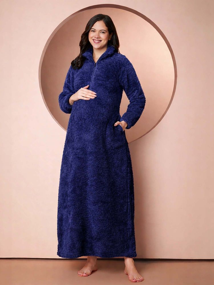 Secret Wish Women Navy Blue Solid Fur Maternity Winter Nighty-image-39