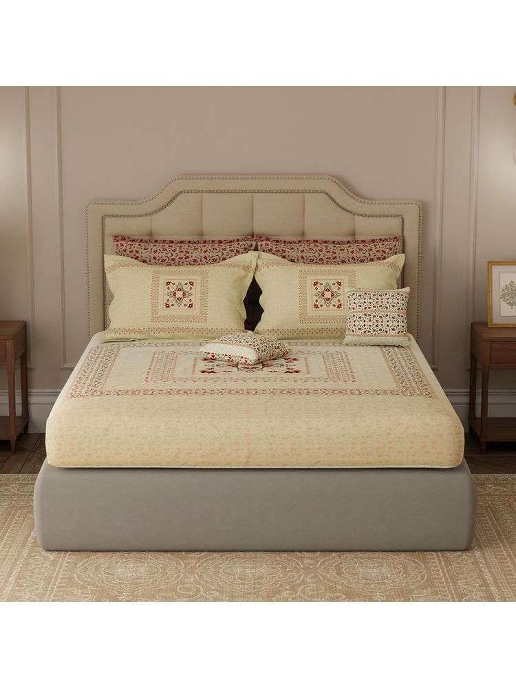 Boutique Living Royal Essence Kashmir Cotton Beige & Red Ethnic Print Bedsheet Set (King)-image-41