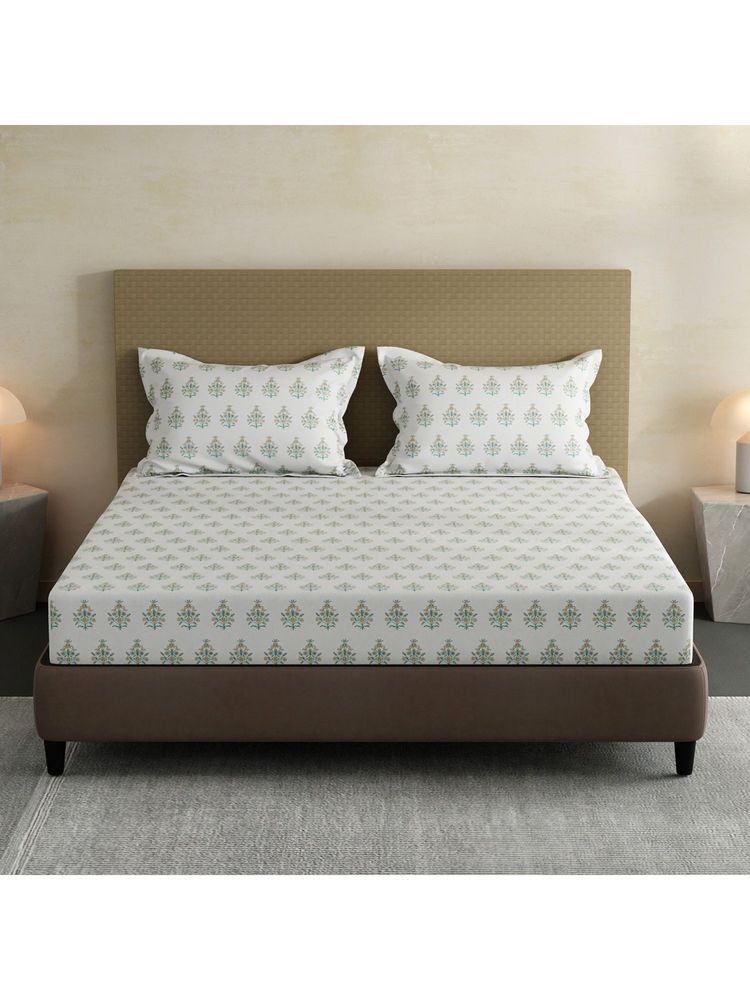 Layers Cotton Green and White Floral Fitted Bedsheet with 2 Pillow Covers (King)-image-46