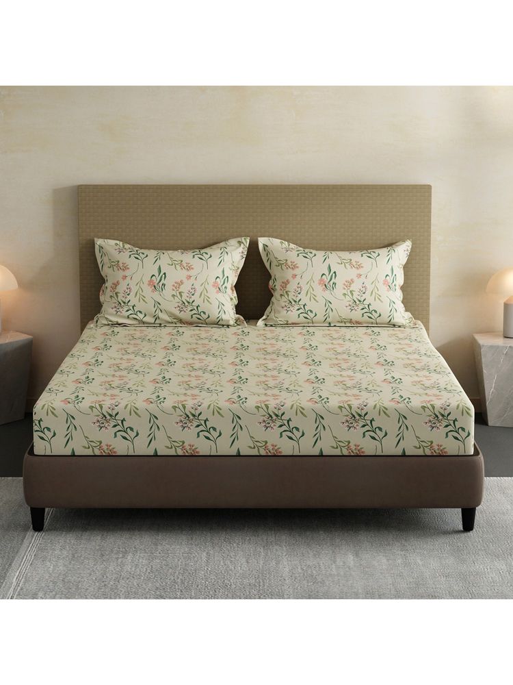 Layers Lumina Floret Cotton Cream & Green Floral Fitted Bedsheet with 2 Pillow Covers (King)-image-30