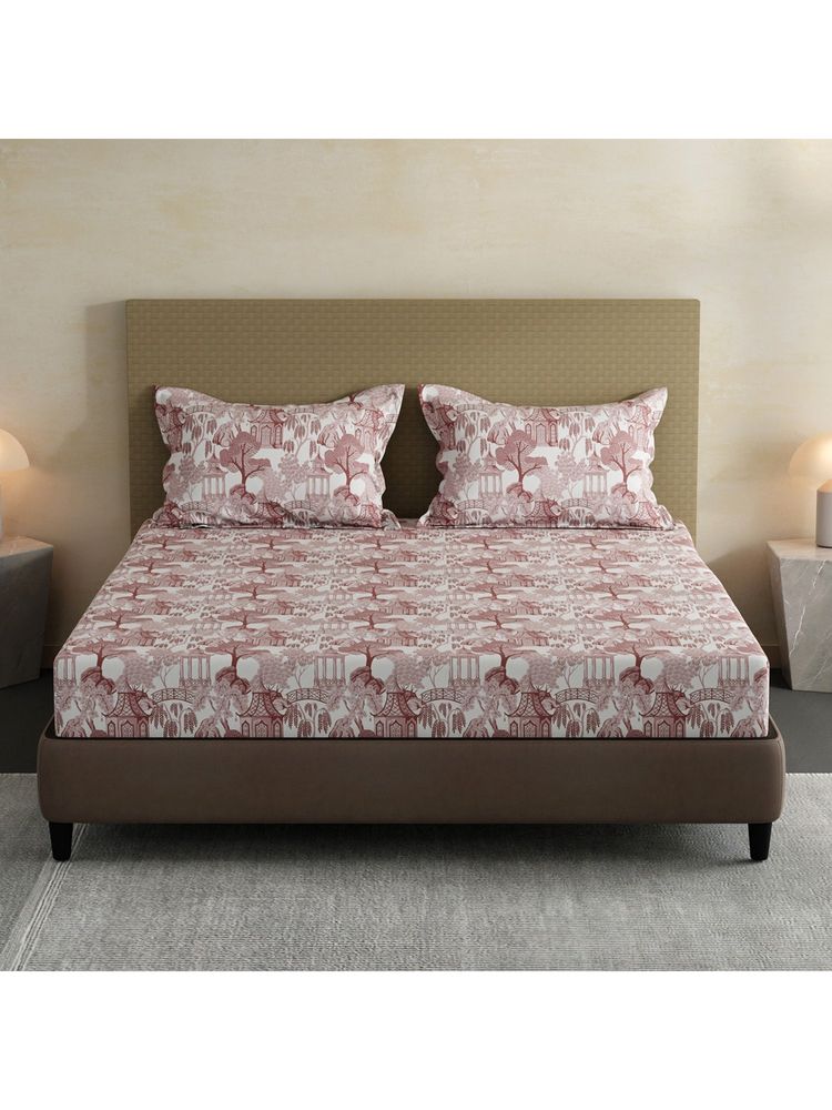 Layers Lumina Floret Cotton Brown Printed Fitted Bedsheet with 2 Pillow Covers (King)-image-2