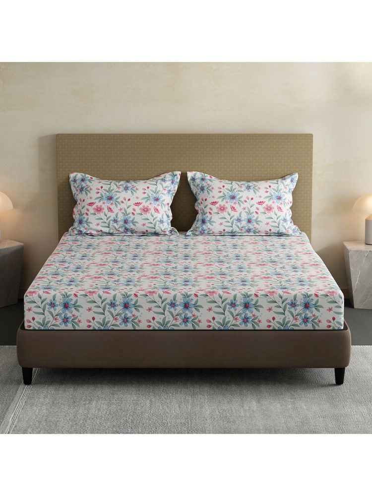 Layers Lumina Floret Cotton Blue Floral Fitted Bedsheet with 2 Pillow Covers (King)-picture-12
