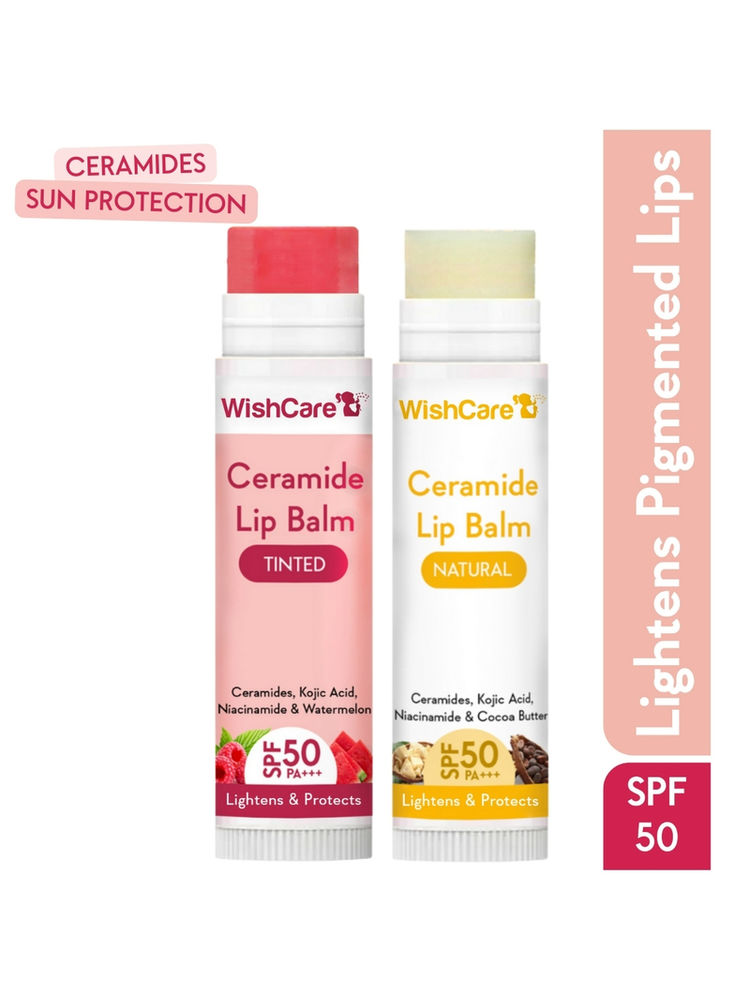 WishCare Ceramide Lip Balm Duo-SPF50PA+++ Kojic Acid & Niacinamide- Lip Lightening- Natural & Tinted