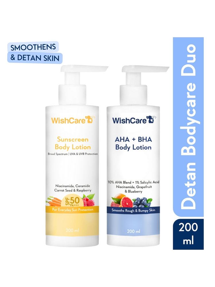 Wishcare Detan Combo Sunscreen SPF 50 Broad Spectrum & 10% AHA + 1% BHA Body Lotion