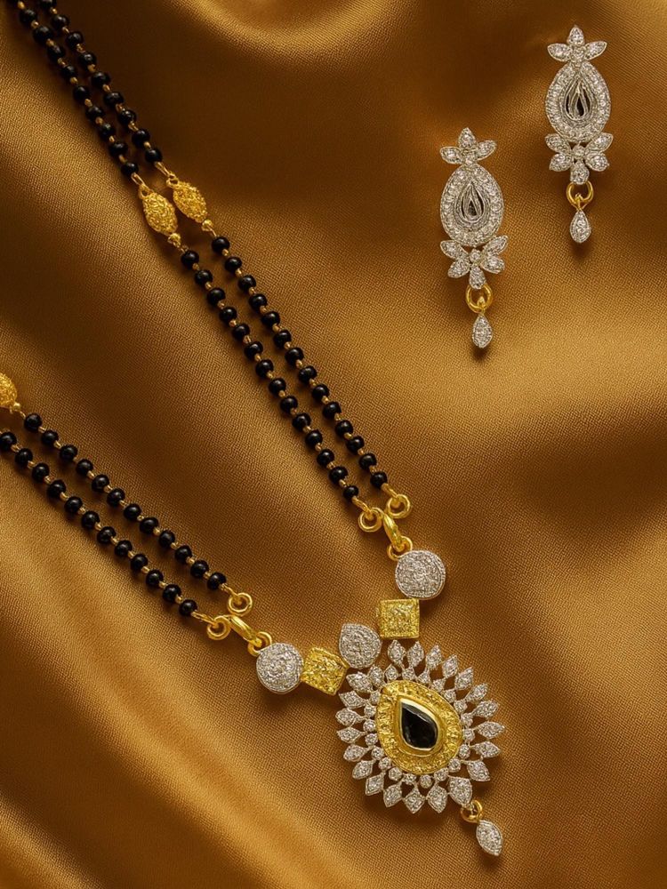 Digital Dress Room Black Brass Gold Plated Stones Mangalsutra with Pair Of Earrings-image-12