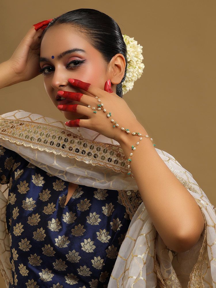 Ruby Raang Studio Blue Brass Gold Plated Kundan Hathphool-image-21