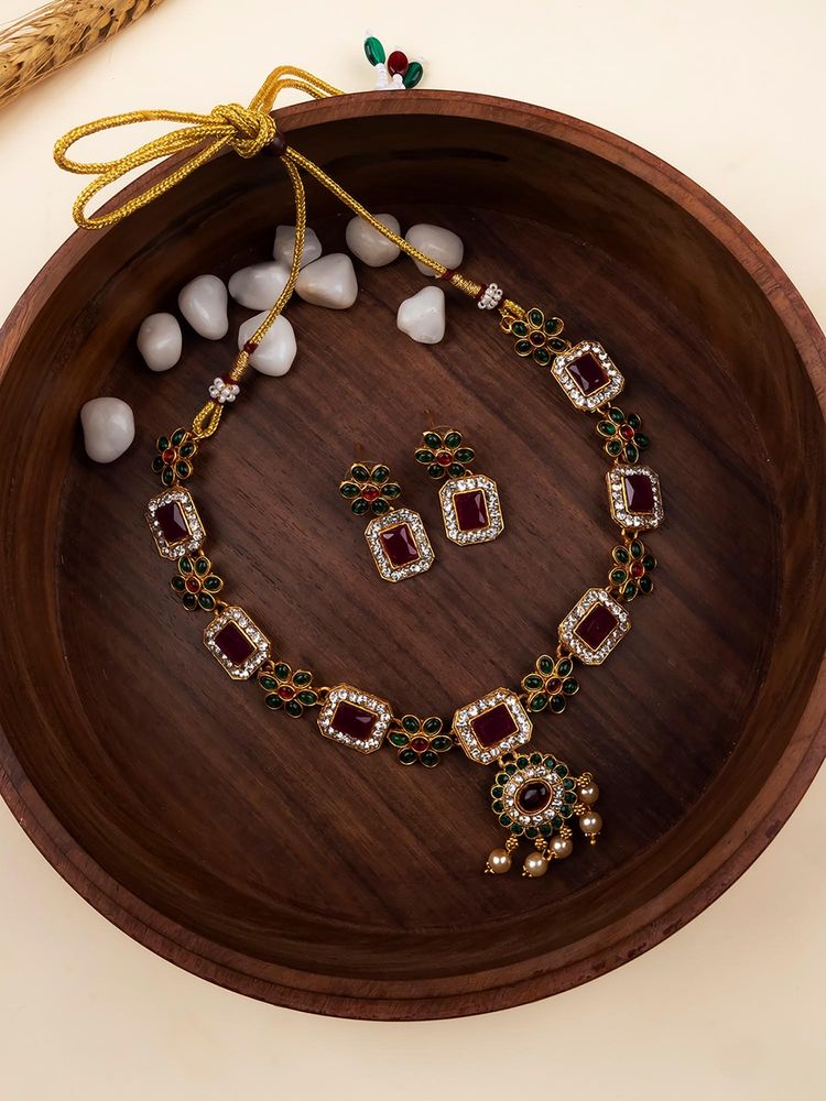 STILEADDA Multi-Color Alloy Antique Gold Plated Stones Necklace with Pair Of Earrings-picture-11