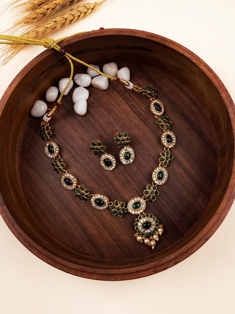 STILEADDA Green Alloy Antique Gold Plated Stones Necklace with Pair Of Earrings-picture-25